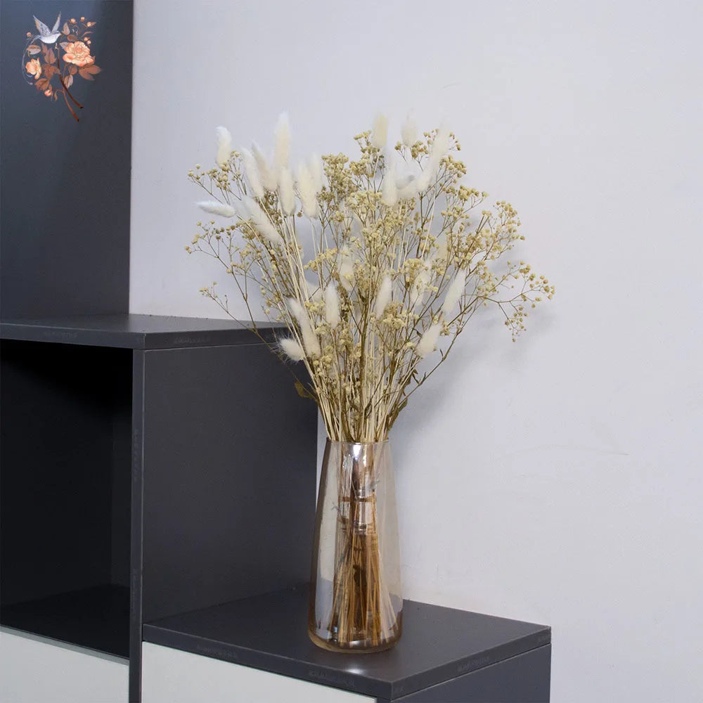 bouquet fleurs séchées orange rose bleu blanc vase transparent décoration naturelle rustique maison
