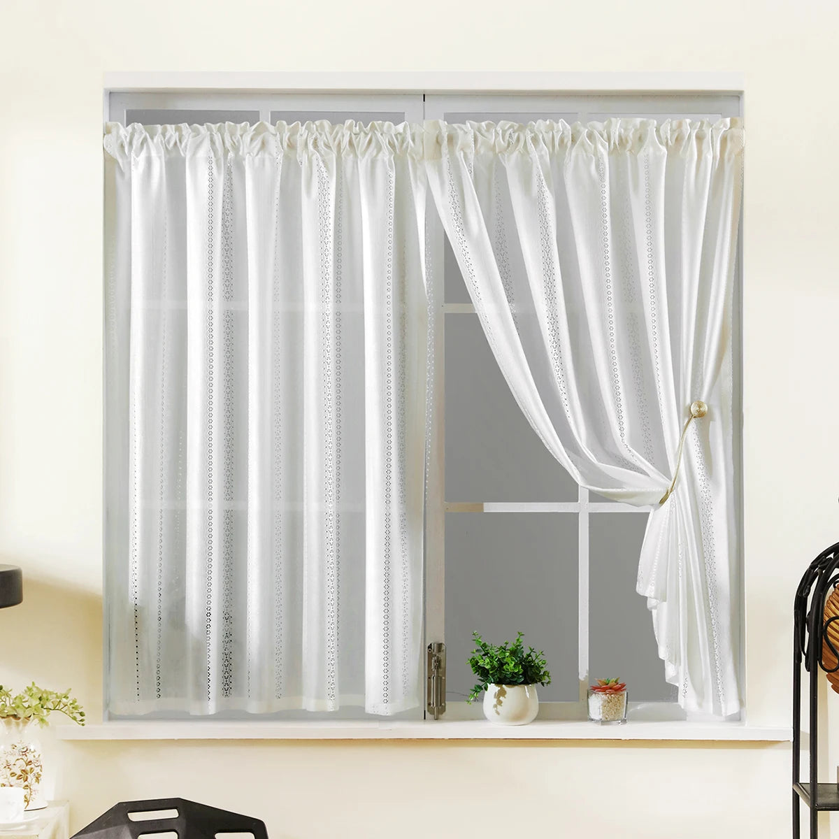 rideau moderne transparent blanc points noirs polyester simple fenêtre cuisine 130cm 60cm 100cm 60cm
