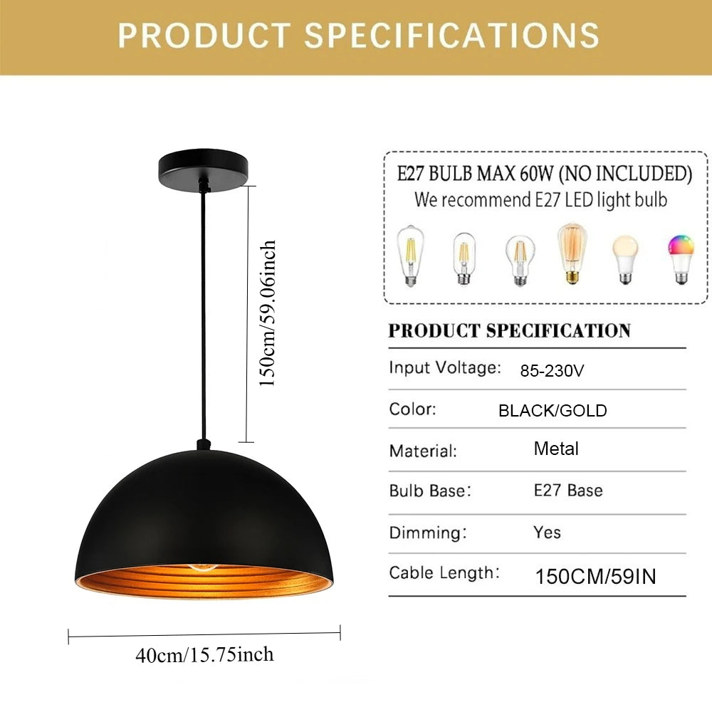 Suspension lumineuse moderne noir or ampoule e27 câble suspendu chambre salon ronde lisse