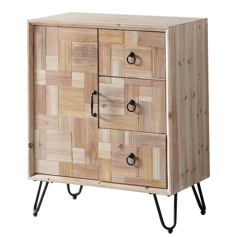 meuble salon armoire bois rustique moderne tiroirs portes beige marron pieds métal anneaux