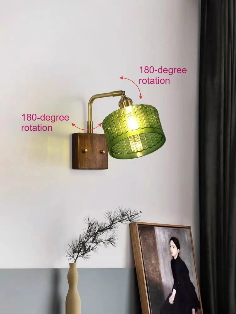 lampe murale rétro verre vert motif géométrique abat jour verre bras cuivre fixation éclairage