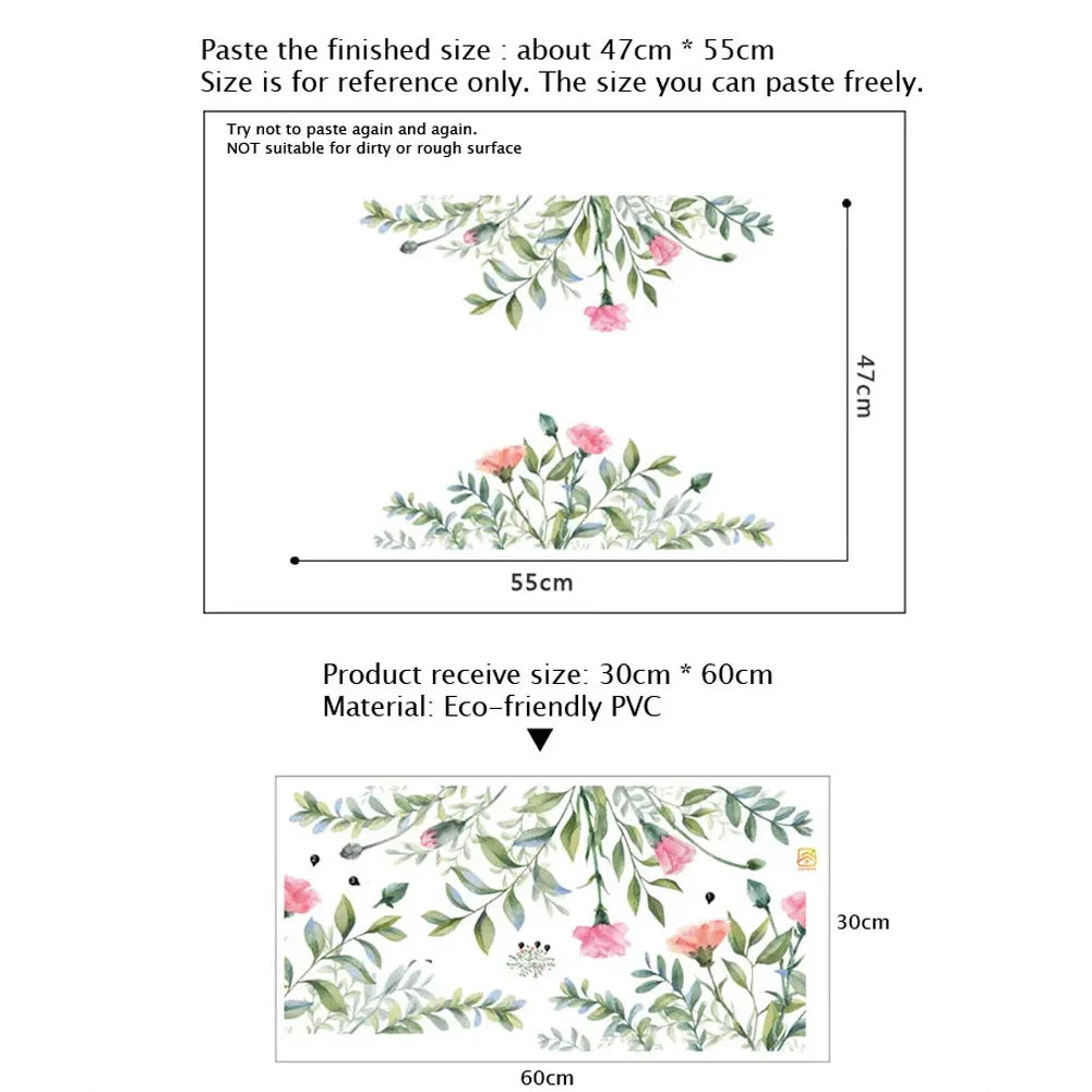 autocollant mural moderne feuilles fleurs vert rose blanc décoration mur opaque adhésif chambre salon