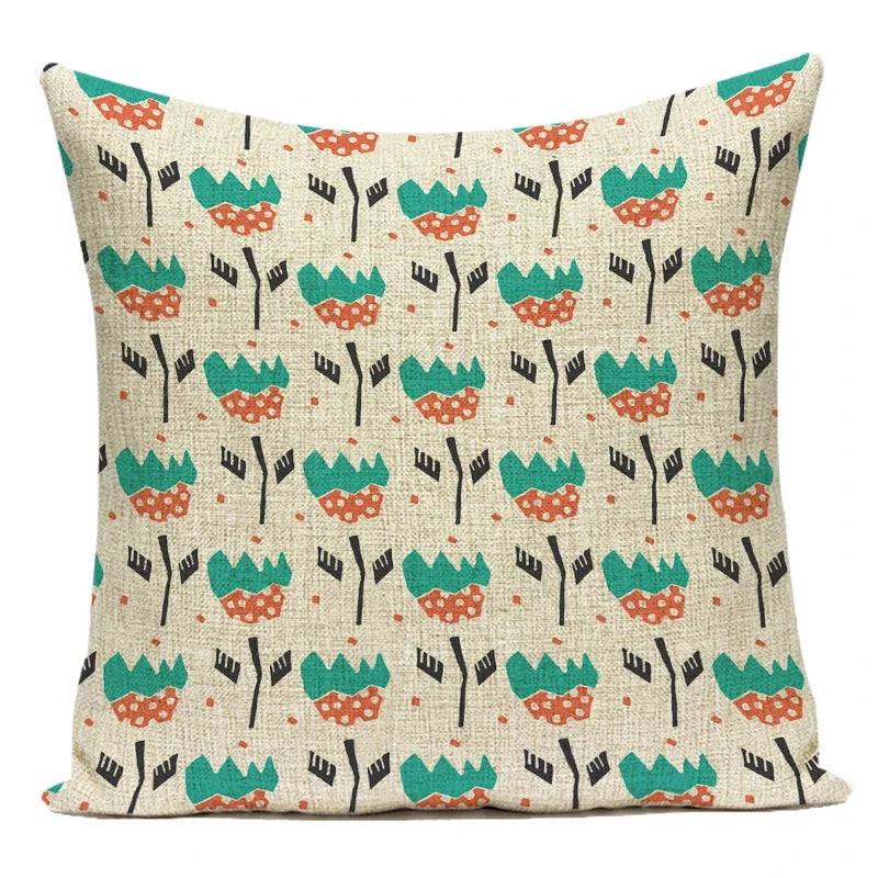coussin décoratif carré fleurs tulipes vintage beige rose vert salon canapé maison housse textile