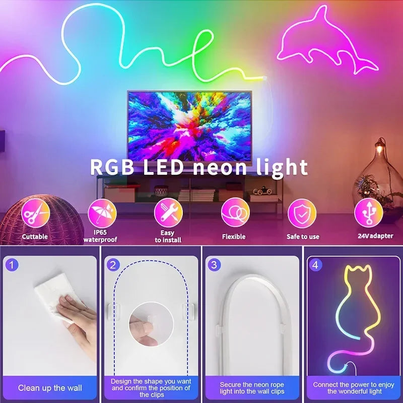 ruban led néon multicolore rayures horizontales moderne clips fixation bluetooth adaptableextérieur