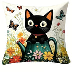 coussin illustration chats noirs fleurs polyester peacheskin 40x40cm 45x45cm 50x50cm 60x60cm