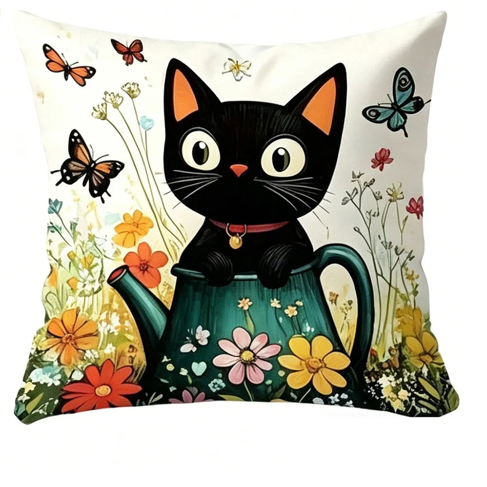 coussin illustration chats noirs fleurs polyester peacheskin 40x40cm 45x45cm 50x50cm 60x60cm