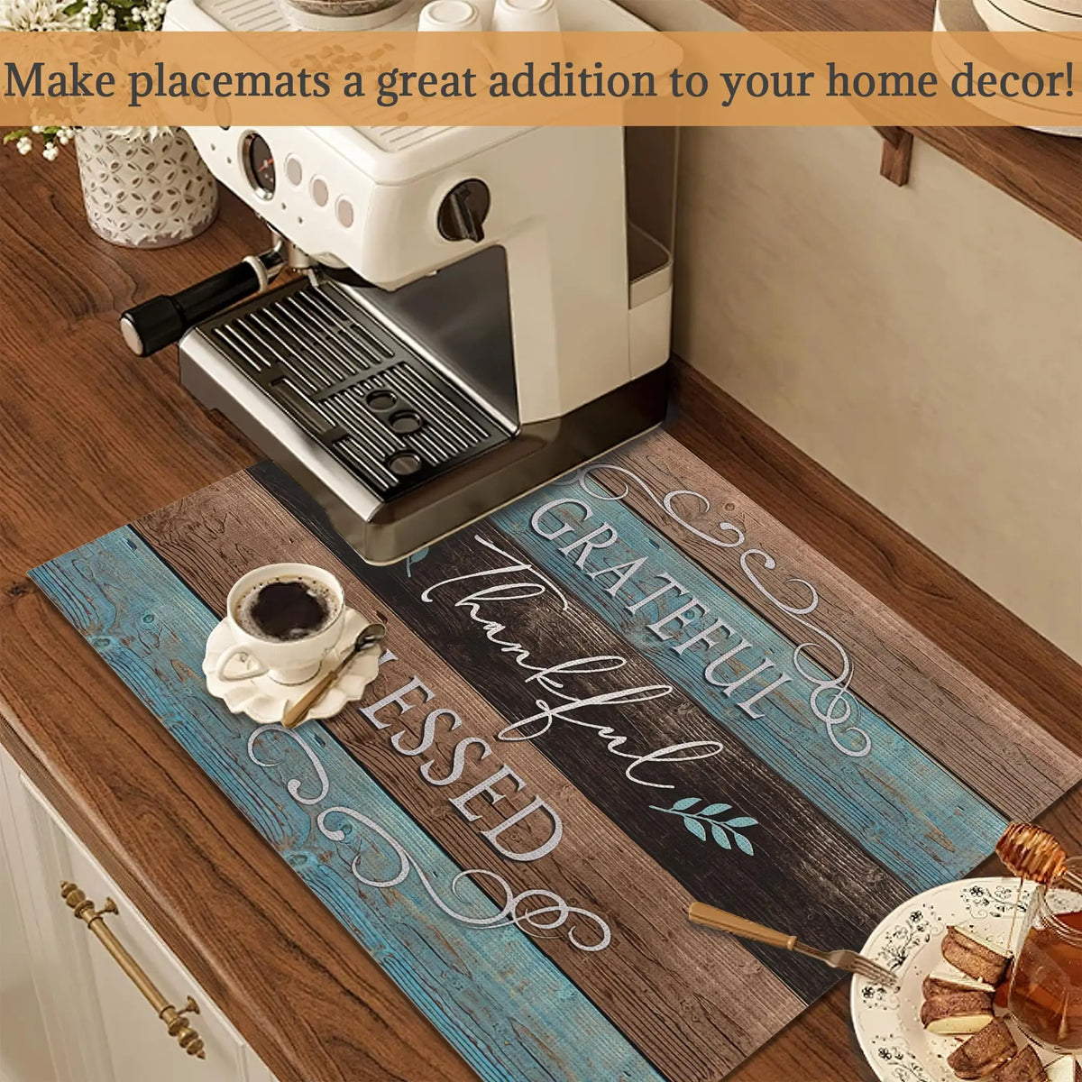 tapis table rustique lin bleu brun gris textes grateful thankful blessed decoratif echangetable
