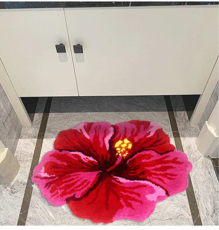 tapis moderne acrylique flocage fleurs hibiscus velours épais rouge salle bain chambre salon