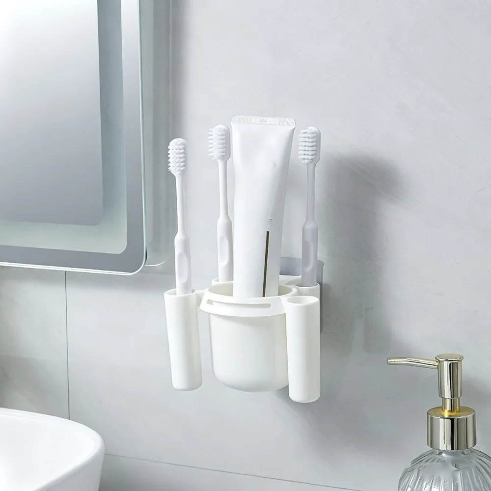 porte brosses adhésif moderne feuilles vertes blanc rangement salle bain dents dentifrice