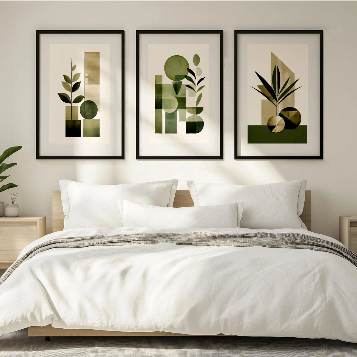 affiches géométriques abstraites vert olive moderne minimaliste bohème encadrées bois