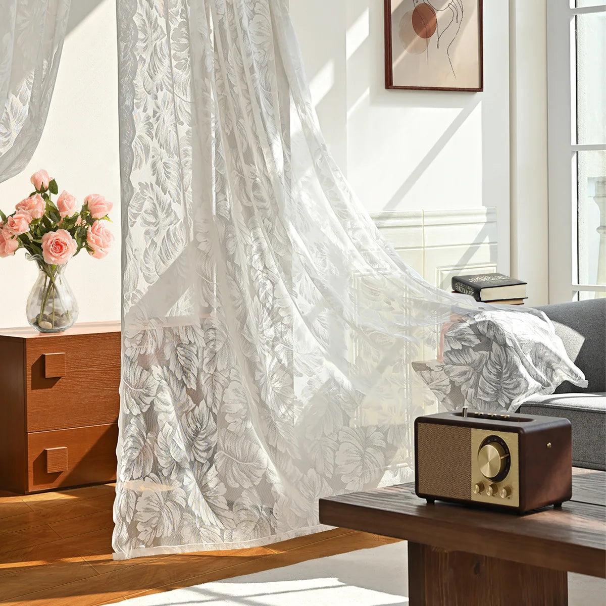 rideau blanc fleurs transparent classique deux panneaux salon chambre coucher decoration pastorale