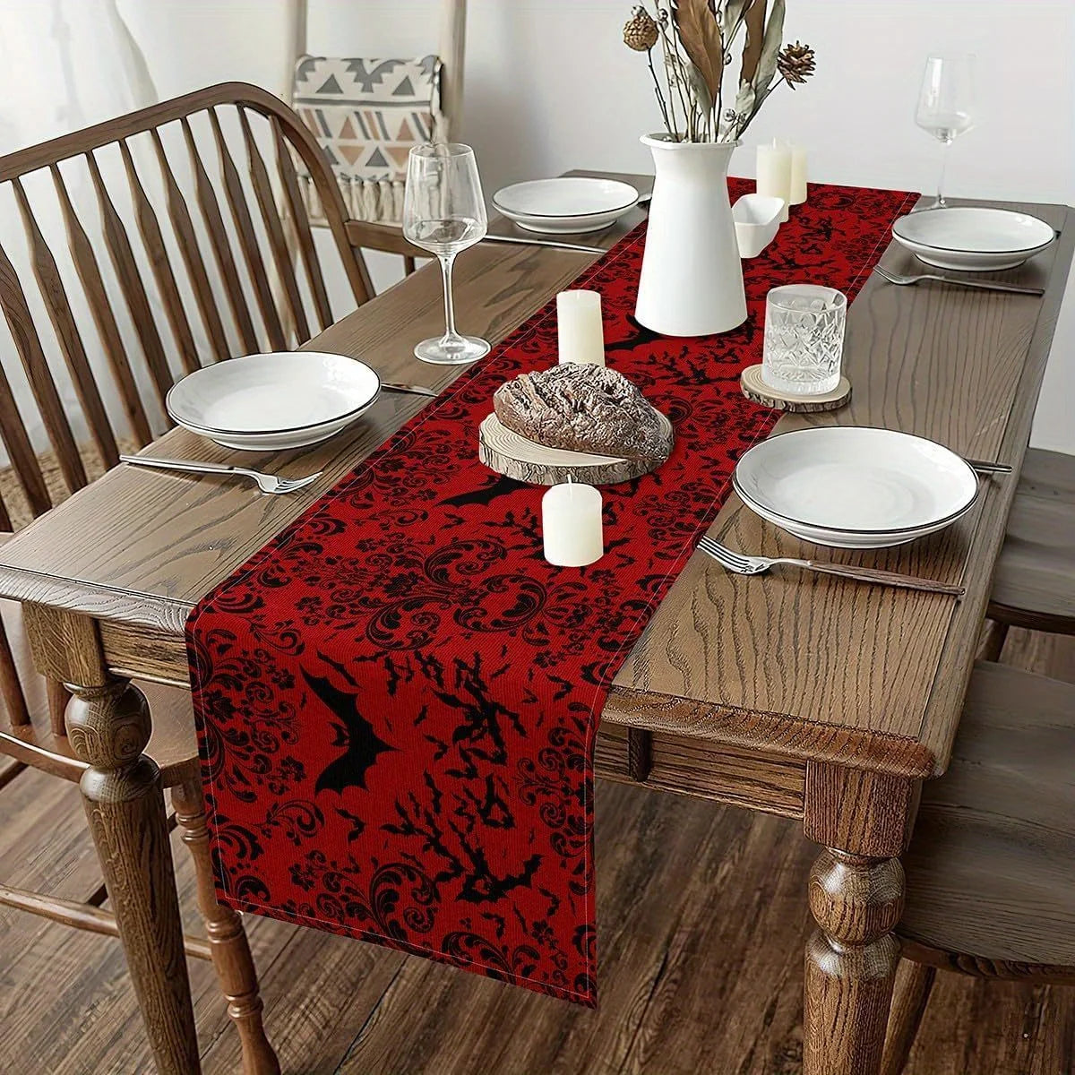 table chevet chemin table baroque floral chauves souris halloween rouge noir