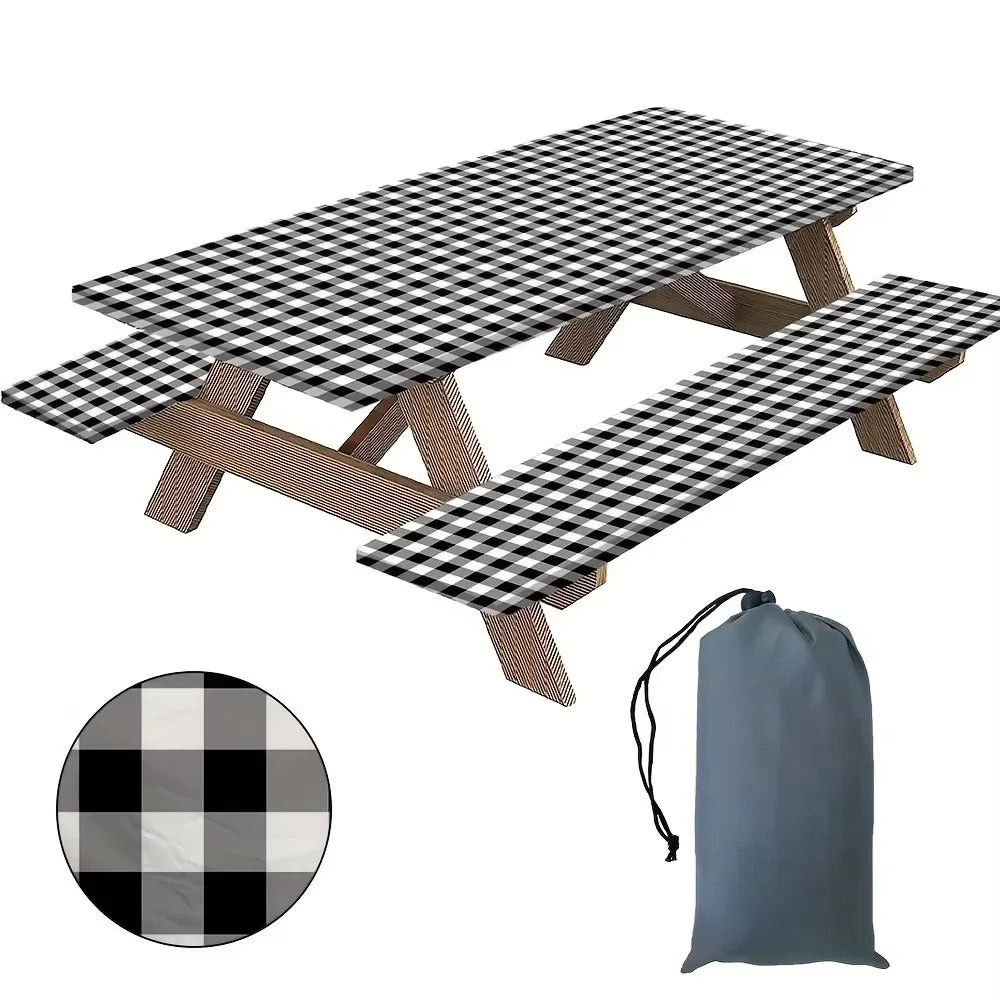 housses table bancs carreaux géométriques bleu blanc rouge blanc noir blanc extérieurs moderne