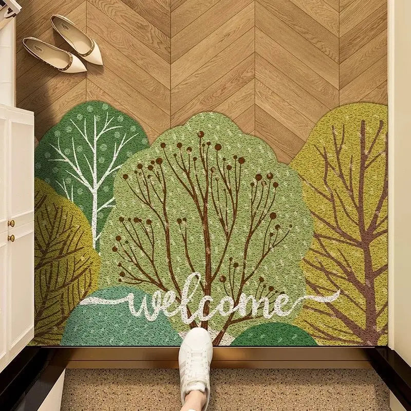 tapis entrée forest animaux paysage vert blanc fleurs naturelle illustration