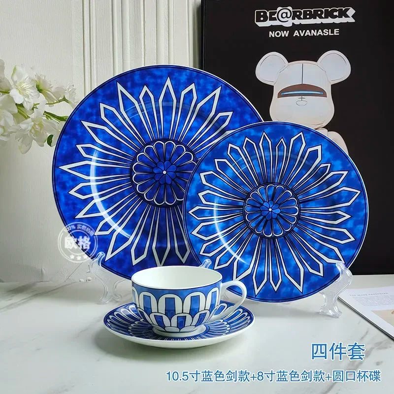 assiettes bleu motif floral tasse blanc classique opacité