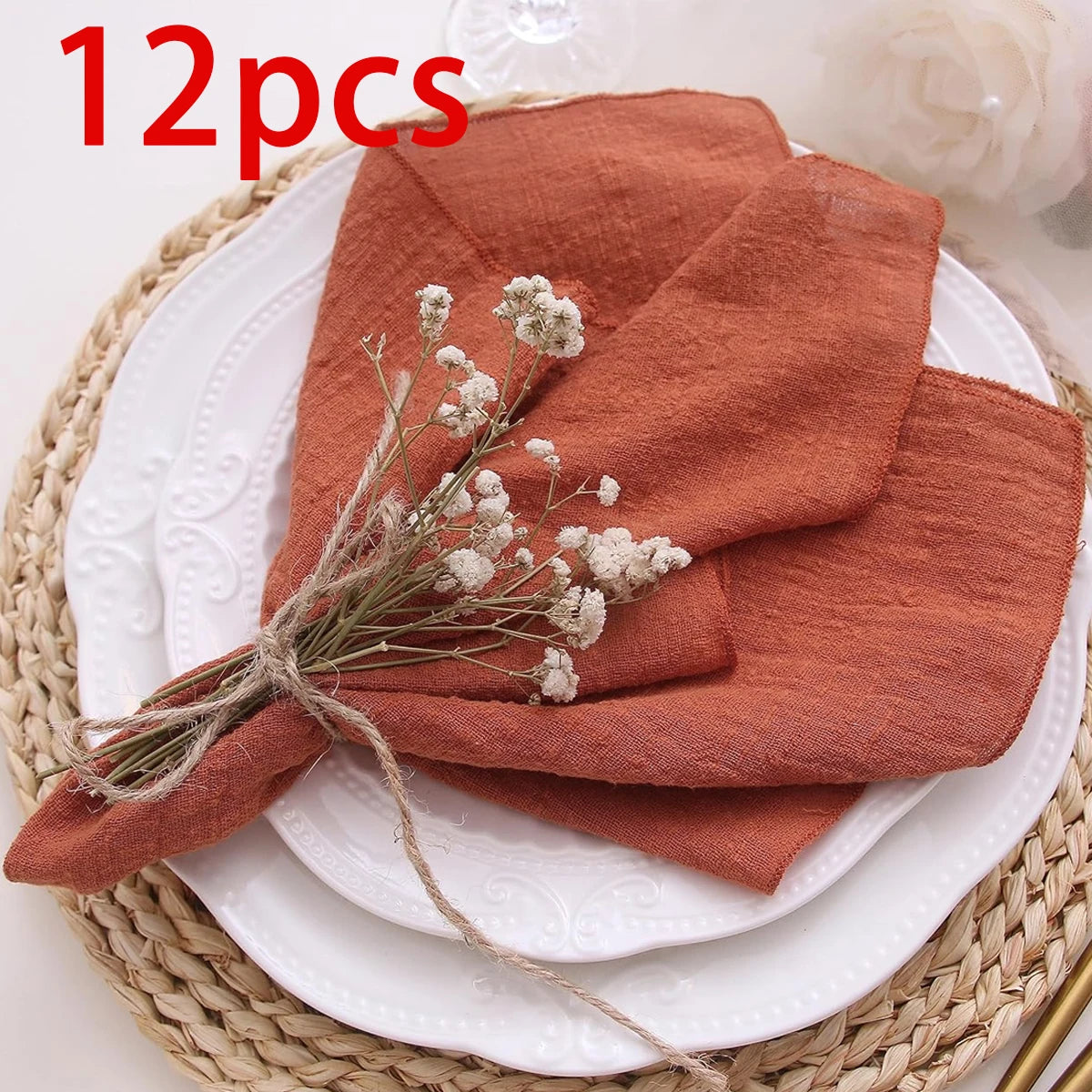 serviettes table orange rustique texture texturée 40x40cm fleurs séchées décoration champêtre