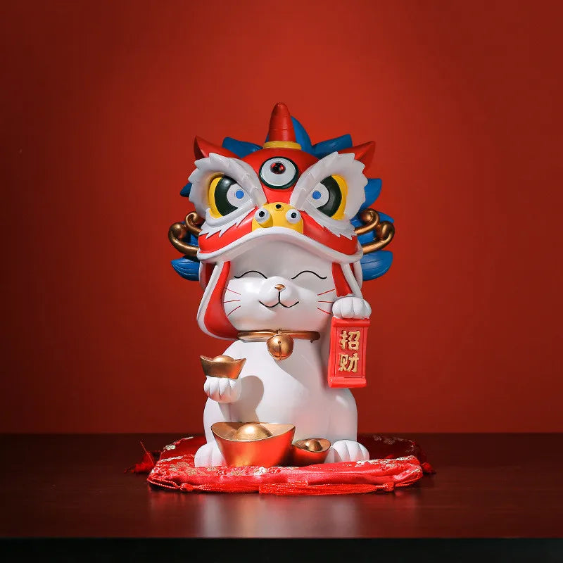 statue chat lion chinois blanc or rouge festive desktop decoration