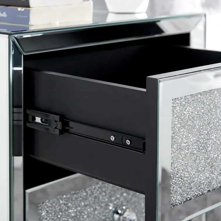 commode moderne miroir argentée paillette tiroirs poignées cristal chambre coucher glamour