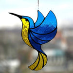 pendant oiseau suspendu vert jaune bleu artisanal tiffany motifs géométriques translucides chambre maison jardin