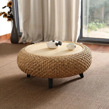 tabouret moderne rustique tissé beige clair foncé naturel pieds noirs salon assemblage facile