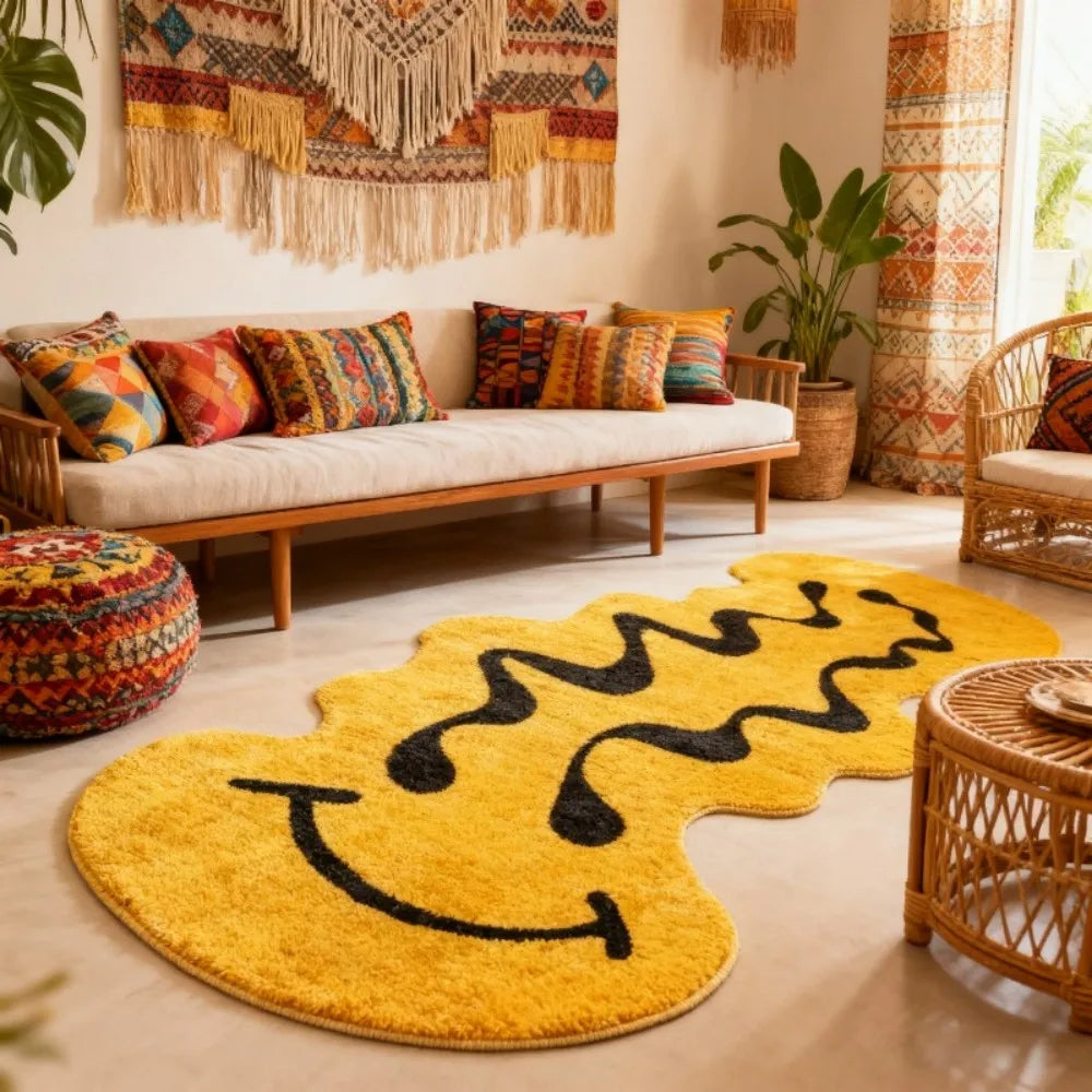 tapis jaune noir visage souriant moderne laine épaisse antidérapant résistant intérieur extérieur plage