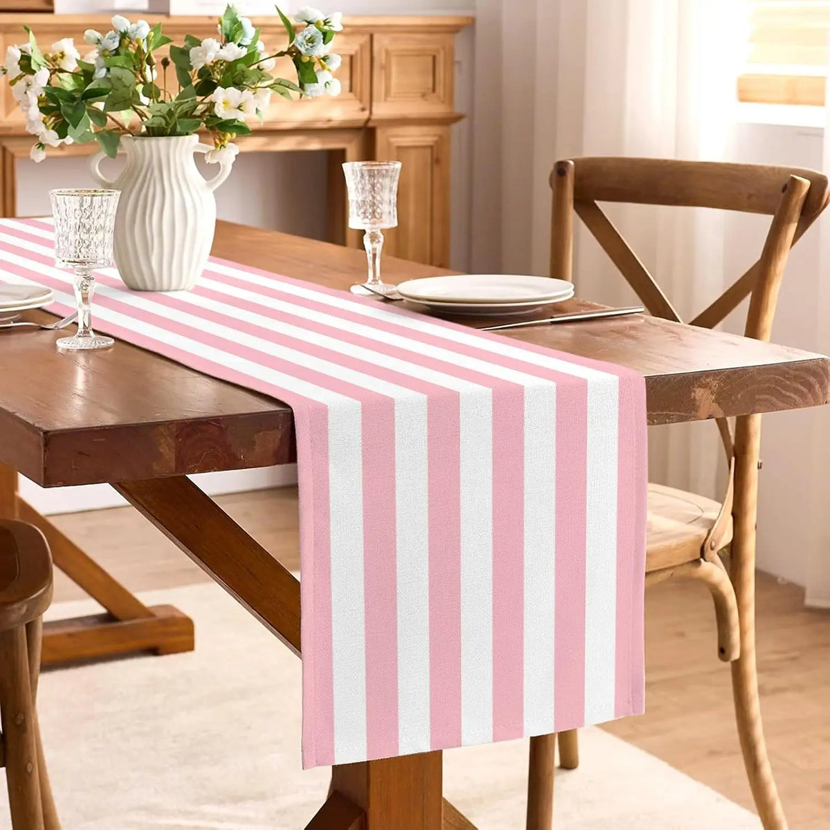 nappe lin rose rayée intérieur rustique décoration table anniversaire réutilisable