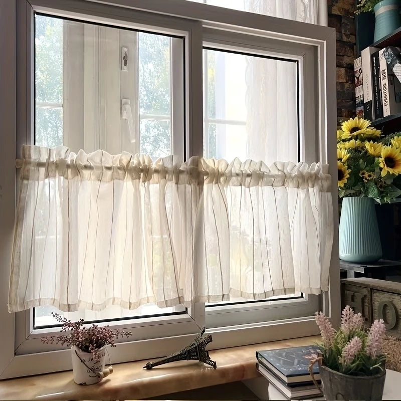 rideau valance polyester translucide blanc cassé rustique fleurs artificielles pots céramique