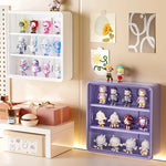 boîtes figurines transparentes modernes mur blanc violet pliables rangement anti poussière