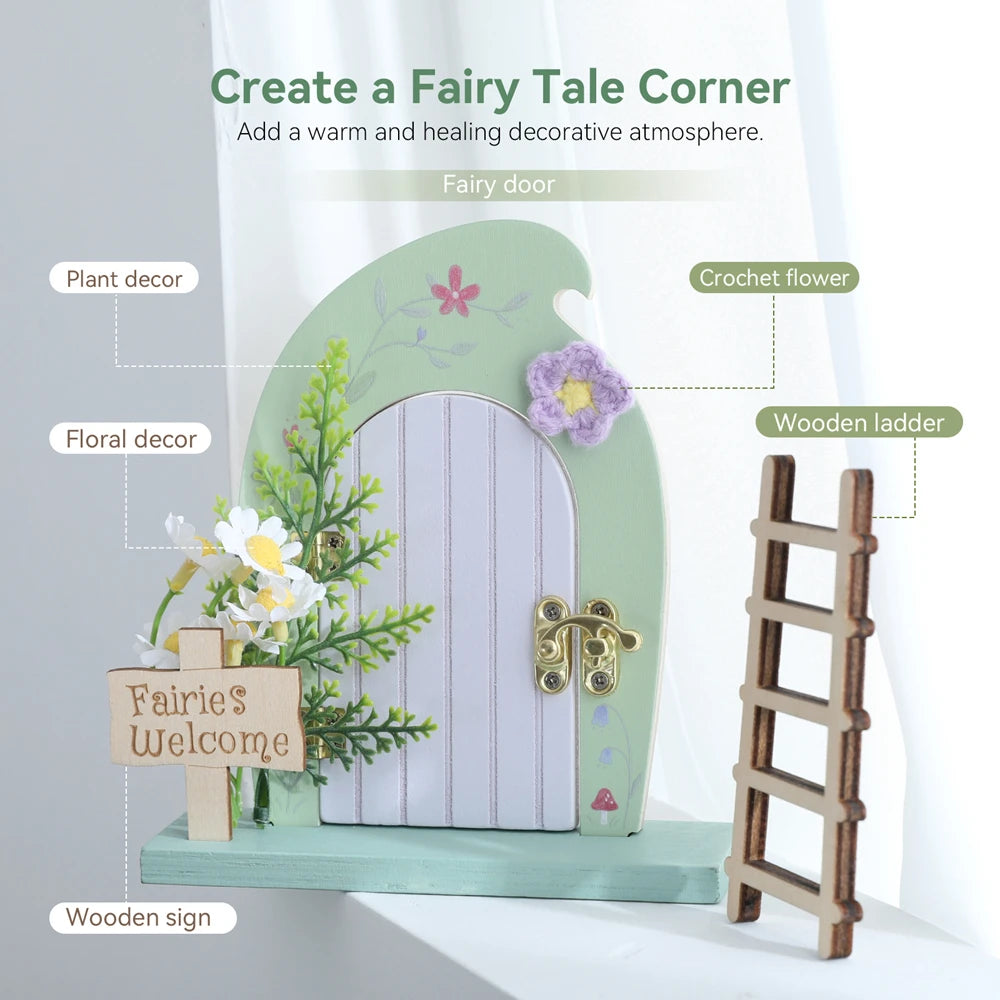 porte fée miniature escalier fleurs crochet plaque bienvenue fées décor bois fleuri vintage chambre