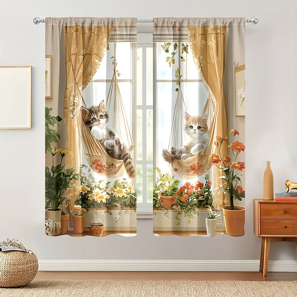 rideau moderne imprimé chat hamac fleurs beige marron clair blanc translucide fenêtre deux panneaux