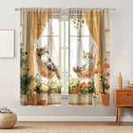 rideau moderne imprimé chat hamac fleurs beige marron clair blanc translucide fenêtre deux panneaux
