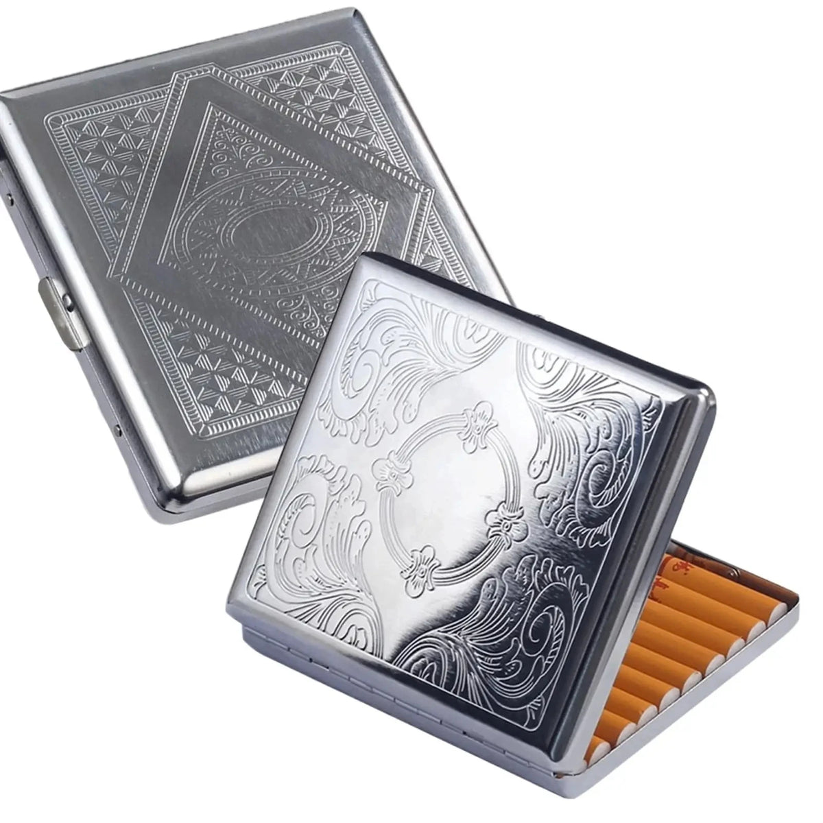 boîtes cigarettes argentées émaillées motifs floraux géométriques pliables contenant cigarettes classiques
