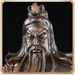 statue décorative traditionnelle asiatique guerrier armure base motif ondulés pièces monnaie chinoises