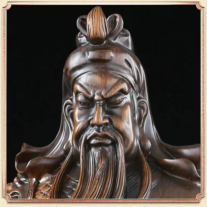 statue décorative traditionnelle asiatique guerrier armure base motif ondulés pièces monnaie chinoises