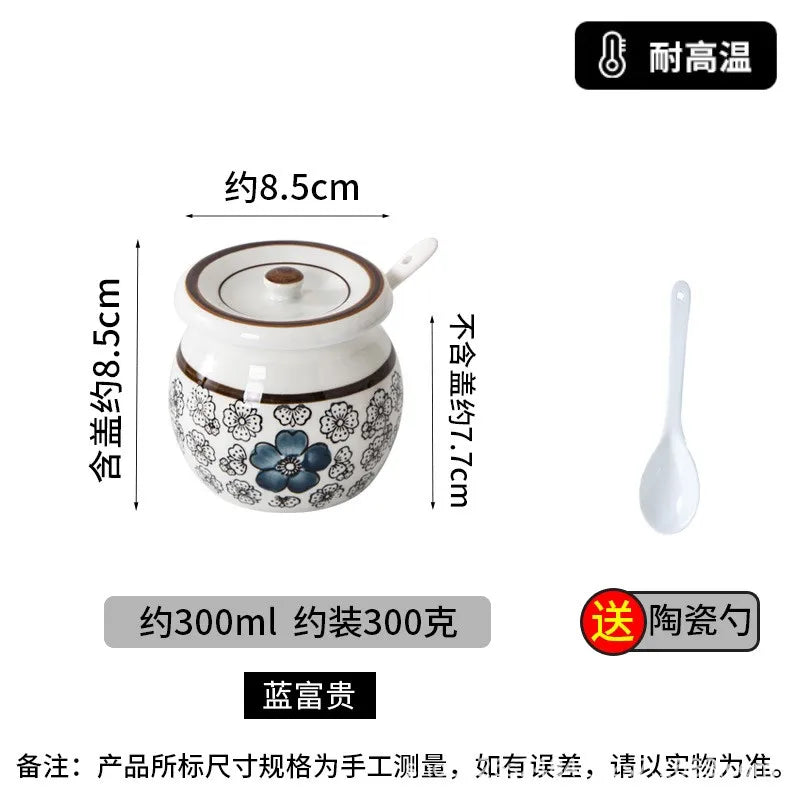 pots épices céramique fleurs stylisées couvercle cuillère plastique blanc rouge bleu noire hermétique kitchen