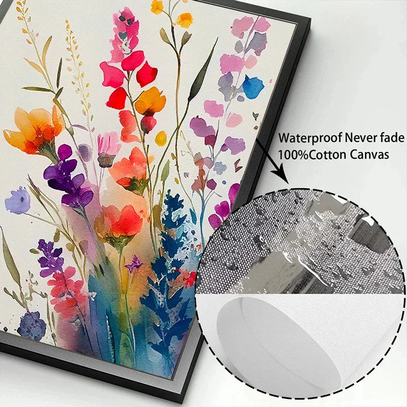 tableau moderne minimaliste multicolore fleurs aquarelle toile cadre bois chambre salon déco sans frame