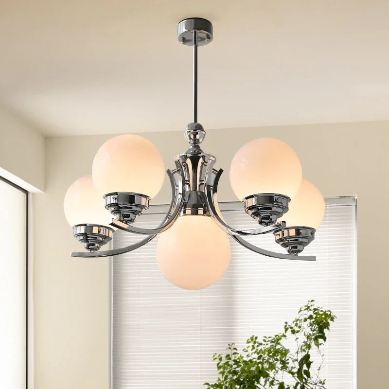 lustre moderne chrome sphères translucides suspension câble led têtes têtes orange