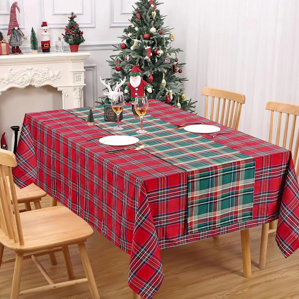table cheminement carreaux écossais vert rouge blanc hiver noël classique polyester coton