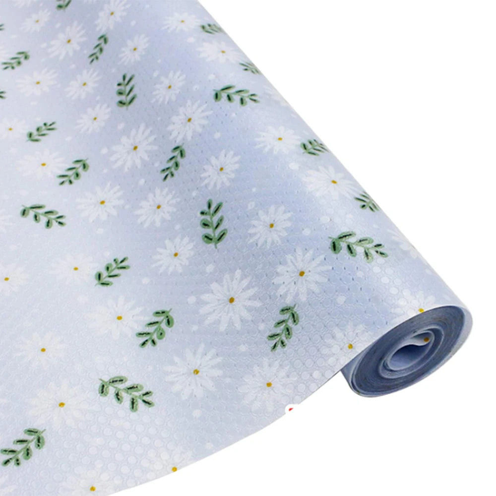 tapis sol decoratif eva beige bleu clair fleurs blancs feuilles vertes kitchen drawer mat