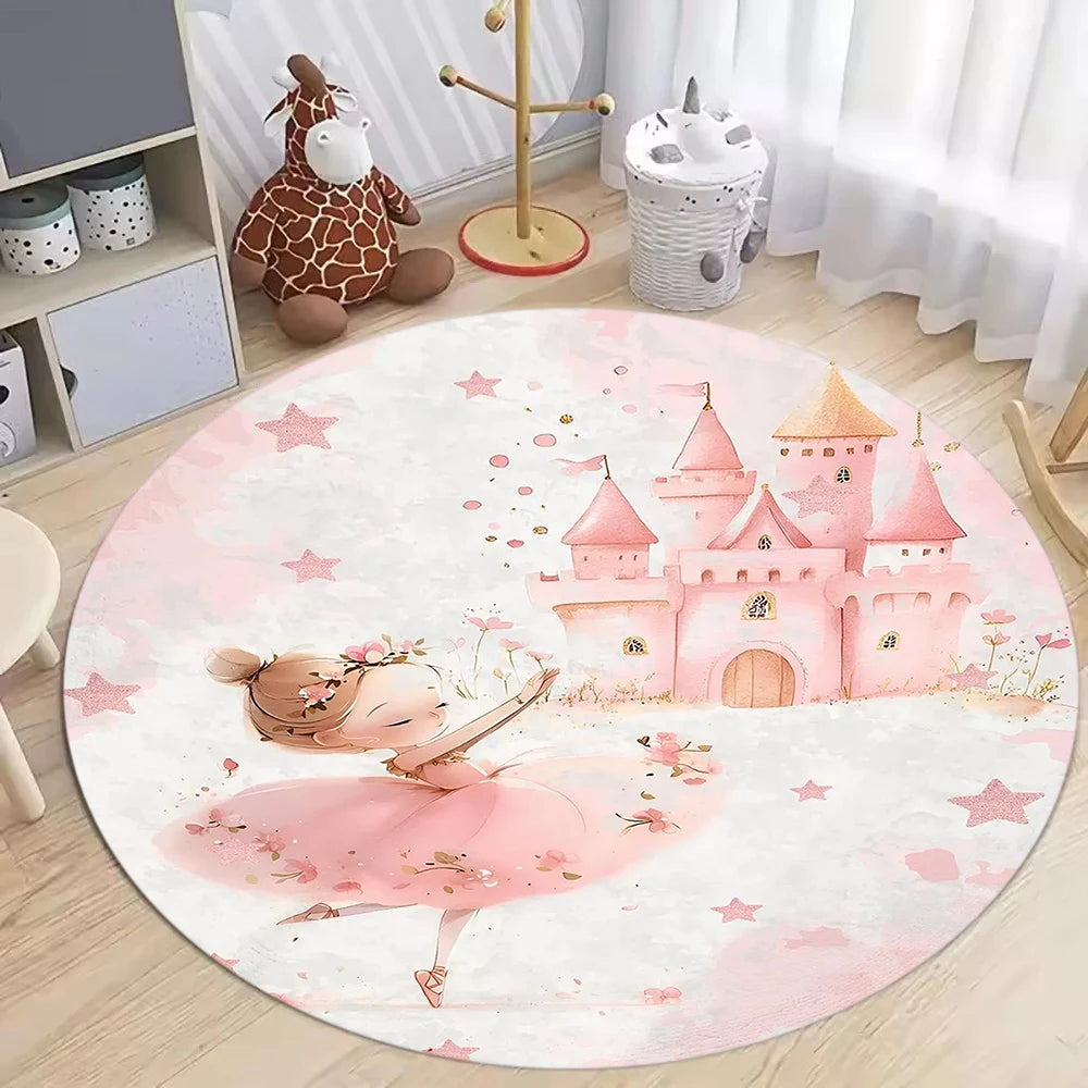 tapis rond moderne princesses arc ciel fleurs chambre enfants salon rose blanc