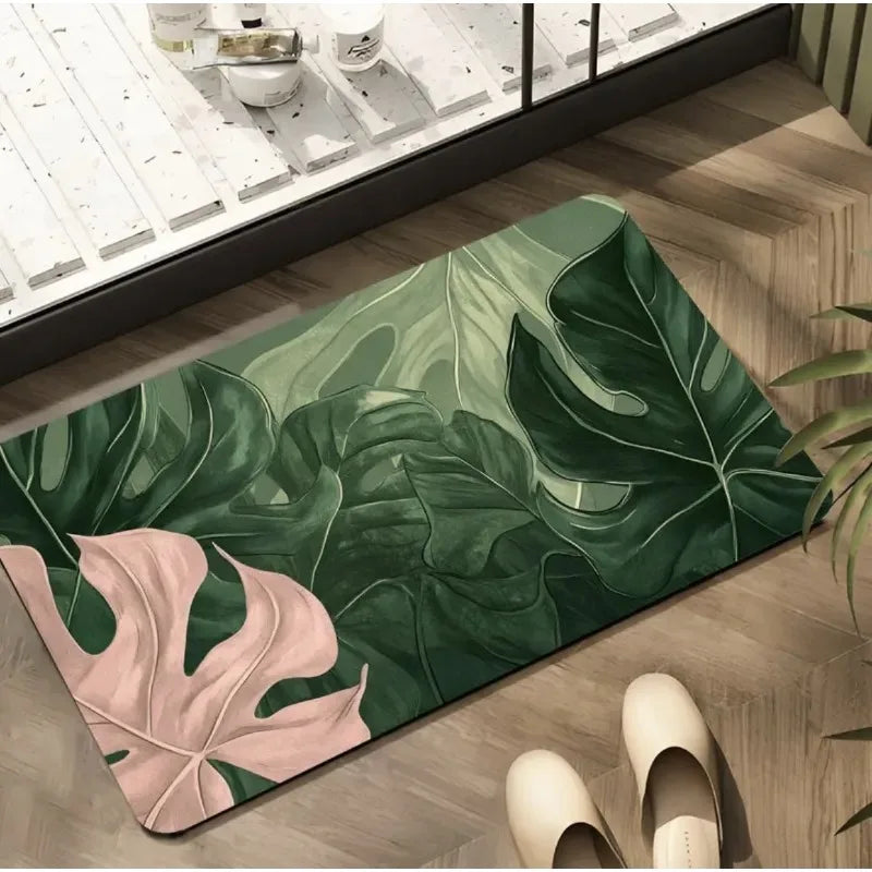 tapis antidérapant moderne feuilles tropicales vert blanc 30x40cm 40x60cm 50x80cm salon cuisine