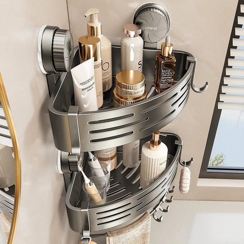 étagère salle bain gris moderne ventouse rangement bain murale ajourée crochets suction
