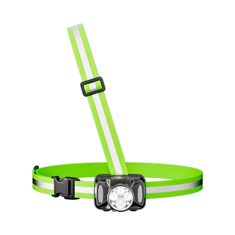 lampe torche frontale rechargeable vert fluo bandes réfléchissantes boucle ajustable modes lumière sportive moderne