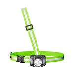 lampe torche frontale rechargeable vert fluo bandes réfléchissantes boucle ajustable modes lumière sportive moderne