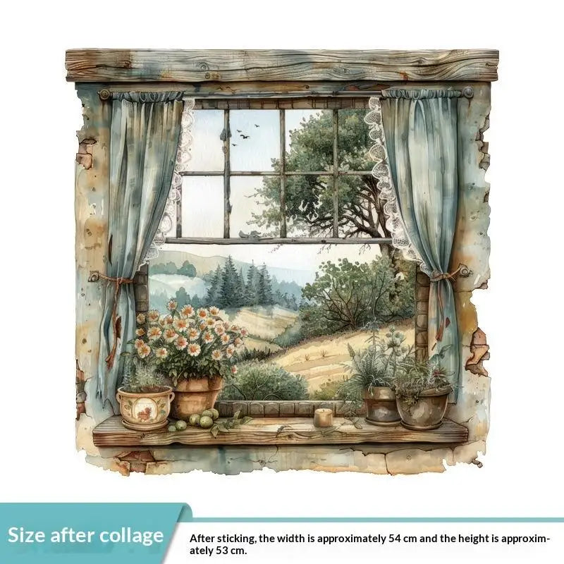 autocollant mural vintage paysage fenêtre volets bleus plantes vertes guirlande fleurs chat niche naturel