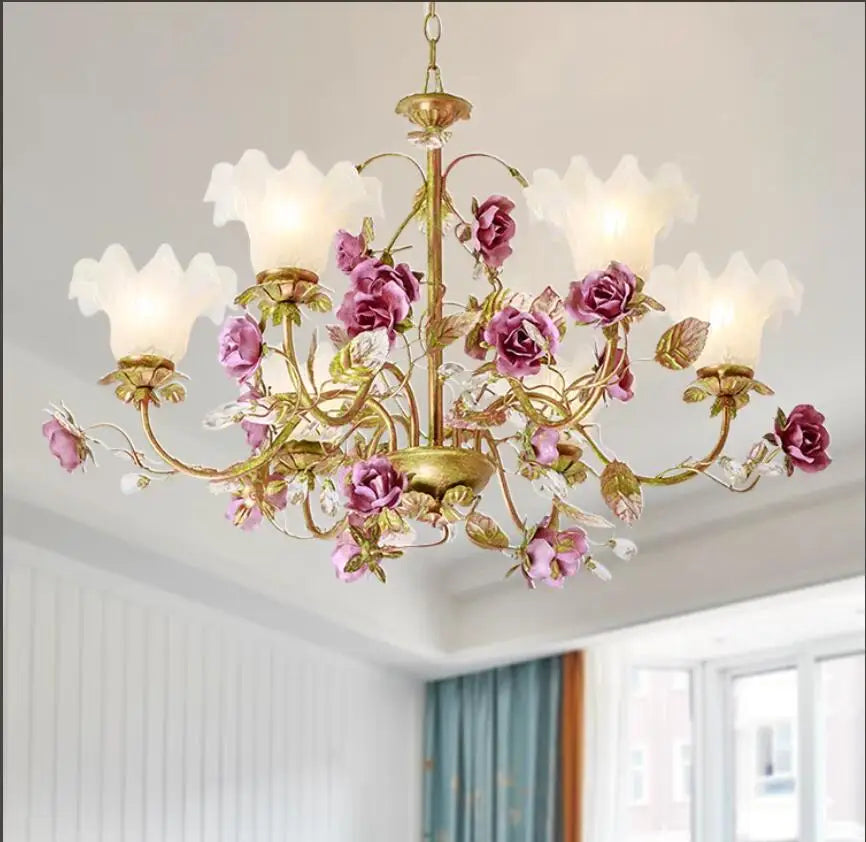 chandelier suspens floral abatjour opaque roses feuilles papierpeint décoratif romantique