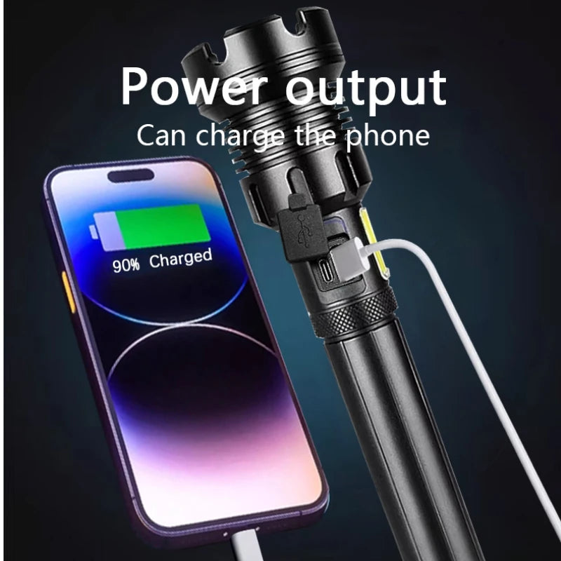 lampe torche rechargeable 15000mAh LED 2300lm zoomable USB moderne résistante autodéfense banque alimentation