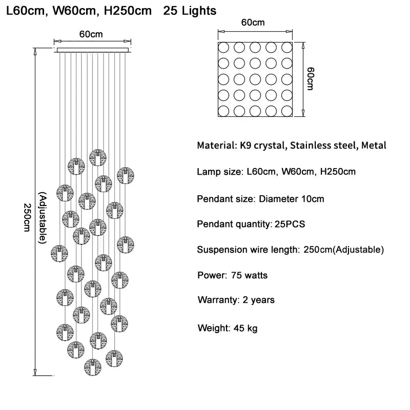 suspension lumineuse moderne cristal transparentes argentées 25 lumières