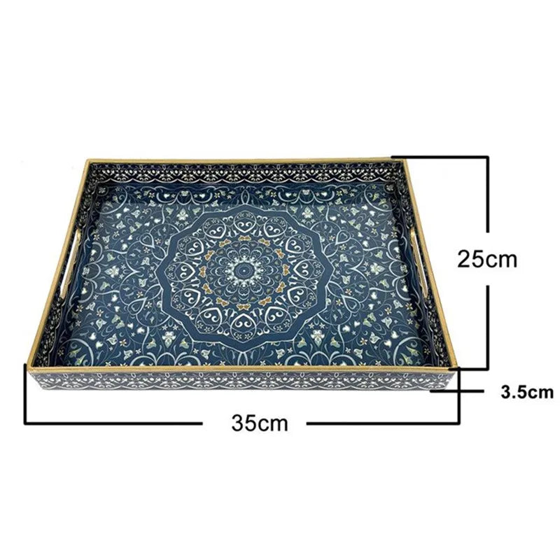 plateau rangement vintage plastique bleu marine motif floral poignées métalliques décoration intérieure classique
