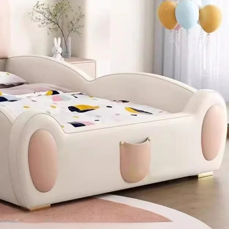 lit enfant toboggan simili cuir beige rose doux moderne tapis rond coussins